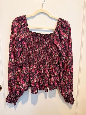 SHEIN Black & Pink Floral Smocked Square-Neck Blouse